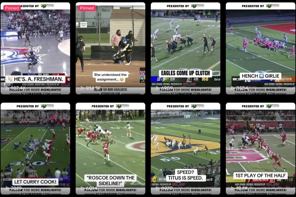 Eight highlight clips in a grid, each one topped by a presented by Renewal by Andersen bar.